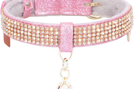 Cat Collar, Dog Collar, [Bling Rhinestones] Premium PU Leather with Pendant Adjustable Collars for Small to Medium Dog Medium Pink