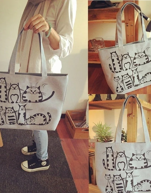 Load image into Gallery viewer, Cartoon Cats Printed Beach Zipper Bag Women Fashion Canvas Tote Shopping Handbags
