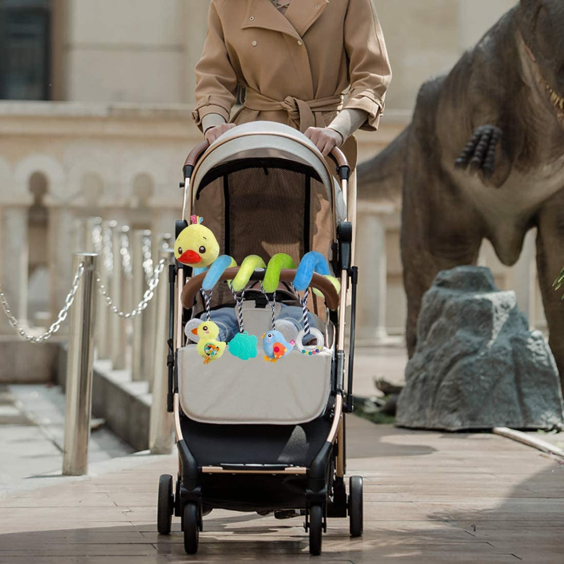 Car Seat Toys, Baby Activity Spiral Plush Toys for Stroller Bar Accessories, Crib Toys with Bell for Boy or Girl, Hangings Rattle Toy with Squeaky (Yellow-Duck)