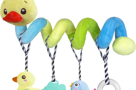 Car Seat Toys, Baby Activity Spiral Plush Toys for Stroller Bar Accessories, Crib Toys with Bell for Boy or Girl, Hangings Rattle Toy with Squeaky (Yellow-Duck)