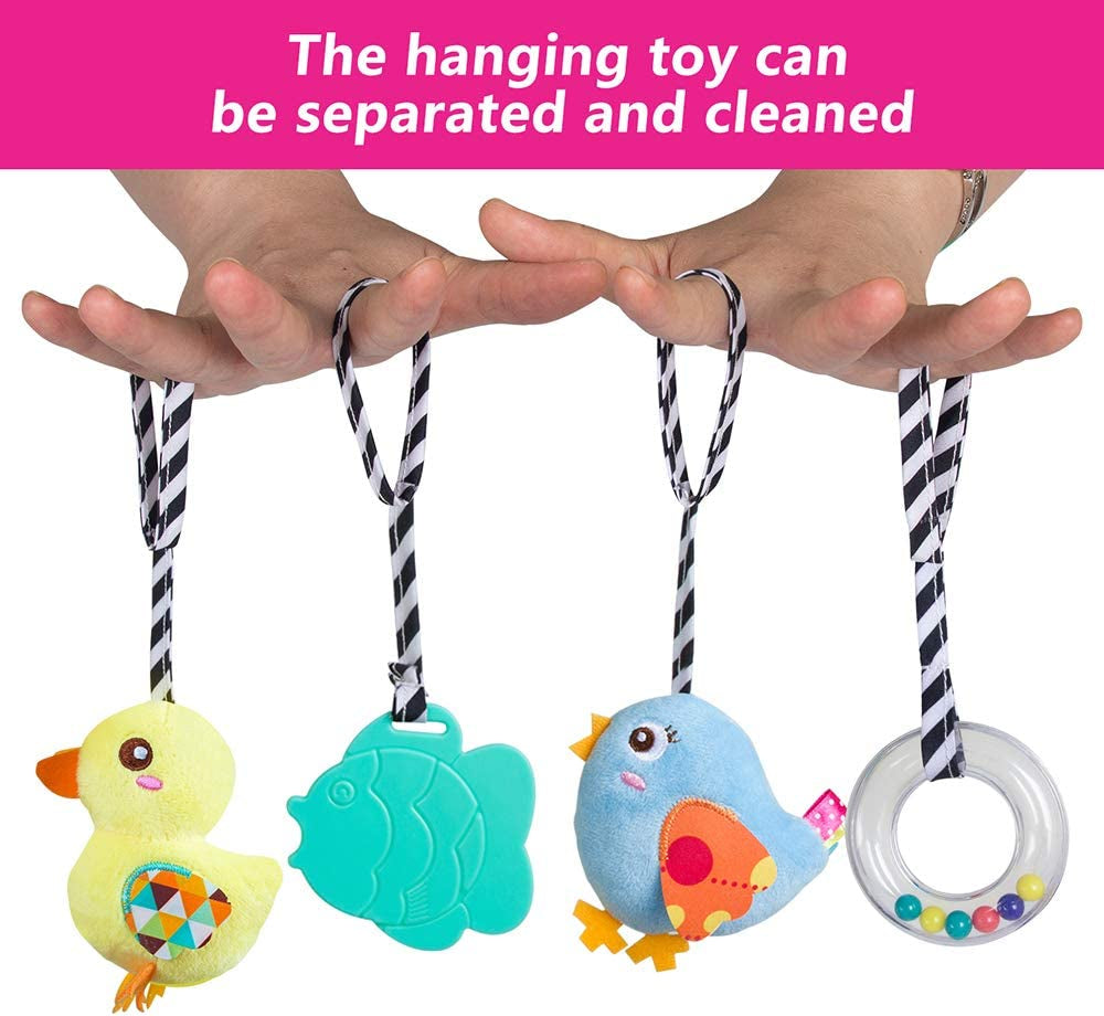 Car Seat Toys, Baby Activity Spiral Plush Toys for Stroller Bar Accessories, Crib Toys with Bell for Boy or Girl, Hangings Rattle Toy with Squeaky (Yellow-Duck)
