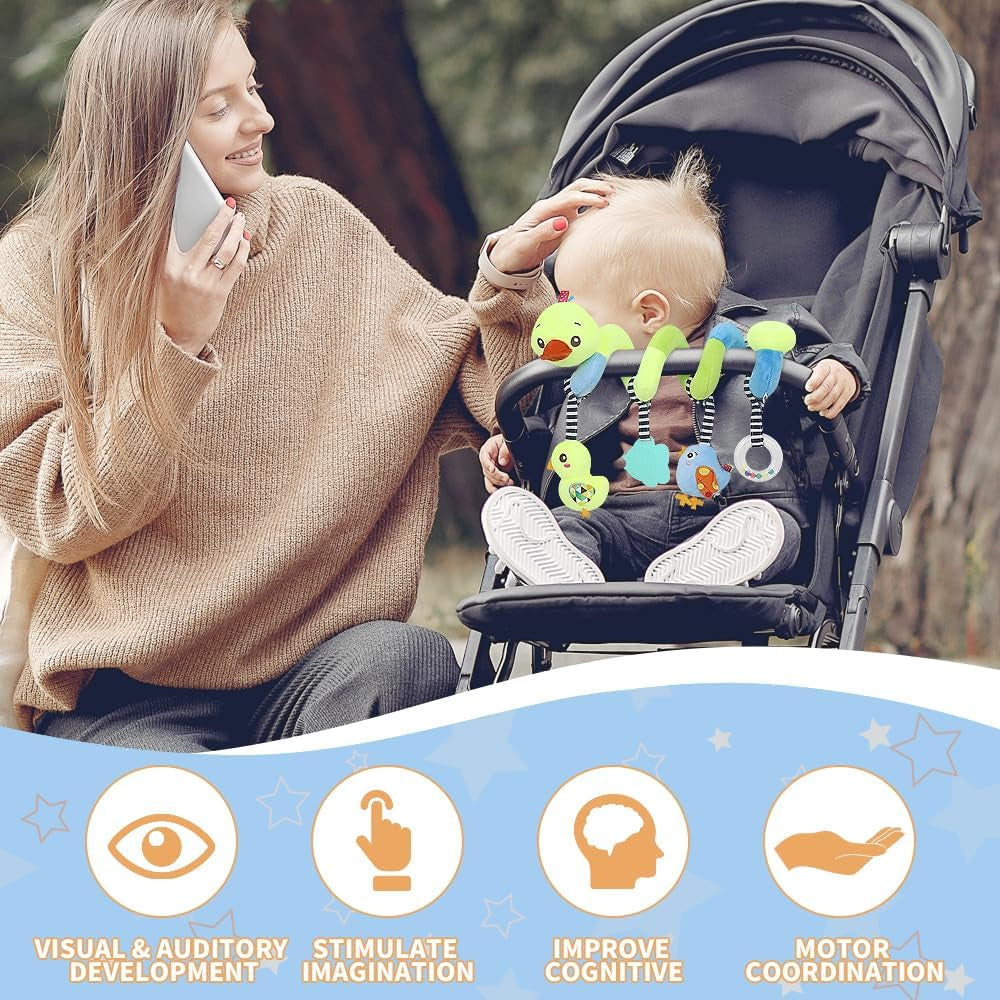 Car Seat Toys, Baby Activity Spiral Plush Toys for Stroller Bar Accessories, Crib Toys with Bell for Boy or Girl, Hangings Rattle Toy with Squeaky (Yellow-Duck)