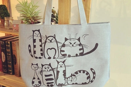 Cartoon Cats Printed Beach Zipper Bag Women Fashion Canvas Tote Shopping Handbags