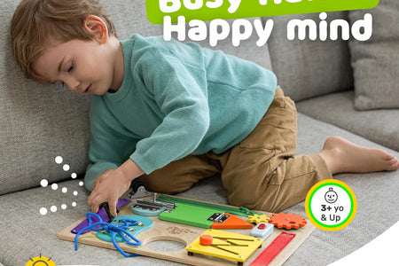 Montessori Busy Board for Toddlers, Kids Sensory Toy Wooden Activity Board with 10 Preschool Educational Activities to Develop Fine Motor Skills, Travel Toy, Boys & Girls Gift