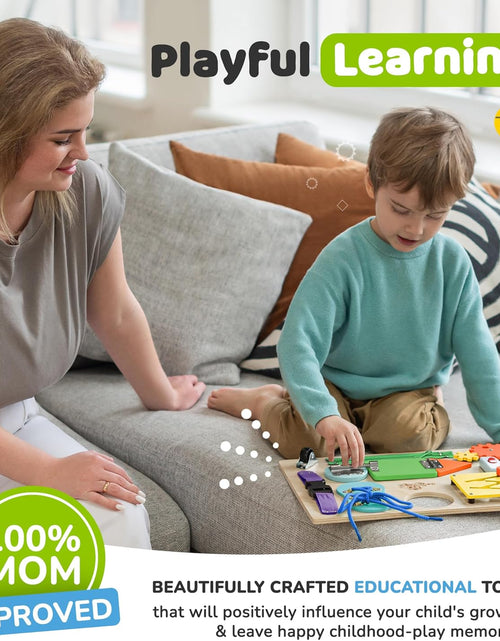 Load image into Gallery viewer, Montessori Busy Board for Toddlers, Kids Sensory Toy Wooden Activity Board with 10 Preschool Educational Activities to Develop Fine Motor Skills, Travel Toy, Boys &amp; Girls Gift
