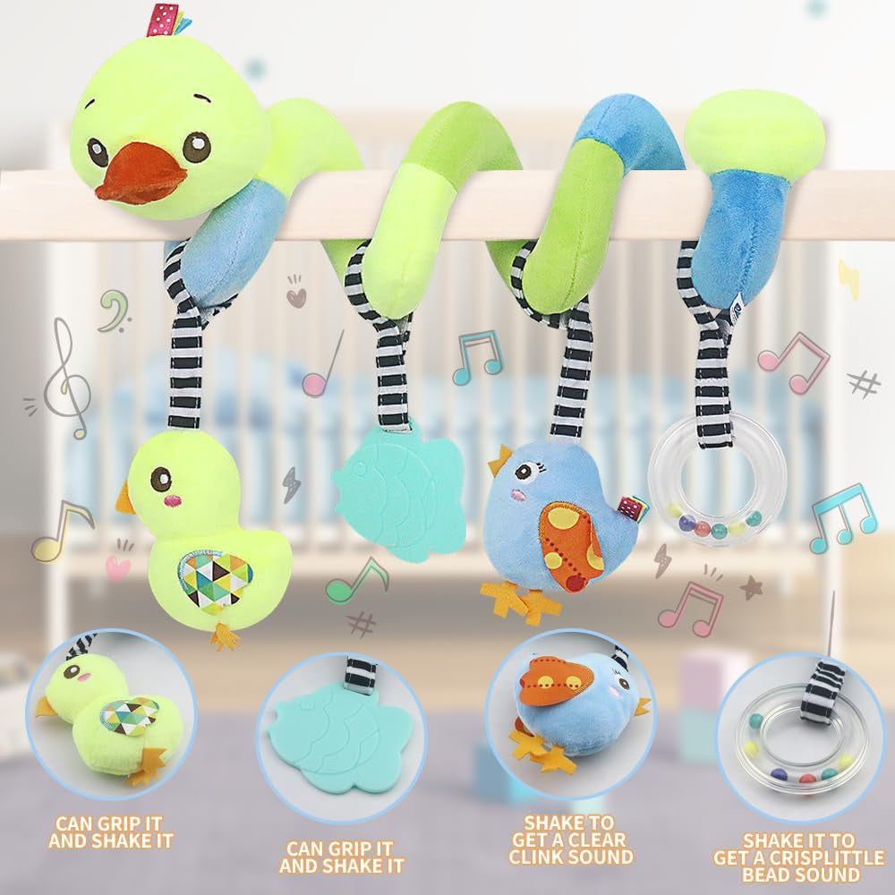 Car Seat Toys, Baby Activity Spiral Plush Toys for Stroller Bar Accessories, Crib Toys with Bell for Boy or Girl, Hangings Rattle Toy with Squeaky (Yellow-Duck)