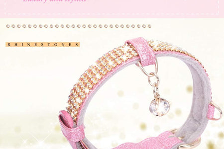 Cat Collar, Dog Collar, [Bling Rhinestones] Premium PU Leather with Pendant Adjustable Collars for Small to Medium Dog Medium Pink