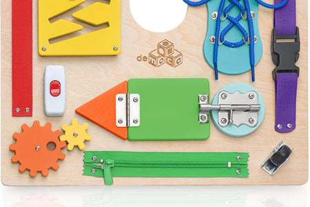 Montessori Busy Board for Toddlers, Kids Sensory Toy Wooden Activity Board with 10 Preschool Educational Activities to Develop Fine Motor Skills, Travel Toy, Boys & Girls Gift